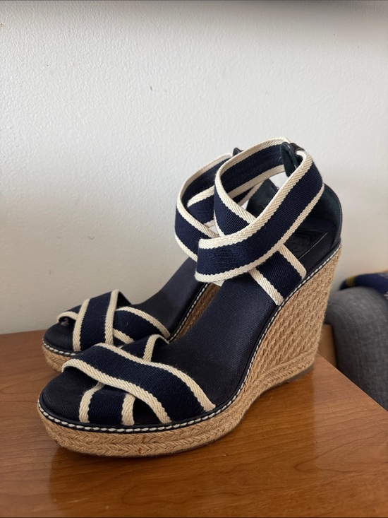 Tory Burch Shoes - Tory Burch Navy and Cream Espadrille Wedge Sandals